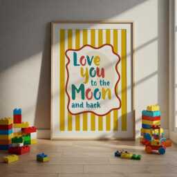 Love You To The Moon, Nursery Quote, Cool Kids Print, Playroom Decor, Boys Bedroom, Retro Stripe, Toddler Wall Art, Girls Room, Red Yellow - thumbnail 3