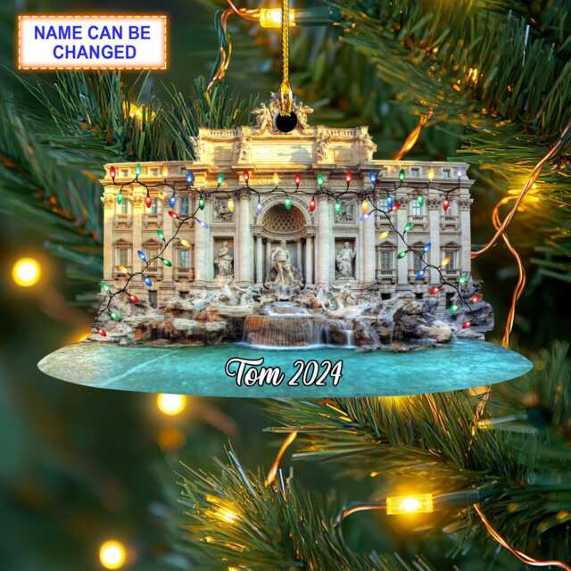 Custom Name Trevi Fountain With Christmas Lights Personalized Ornament, Tree Hanging Decor, 2D Flat Ornament - image 1