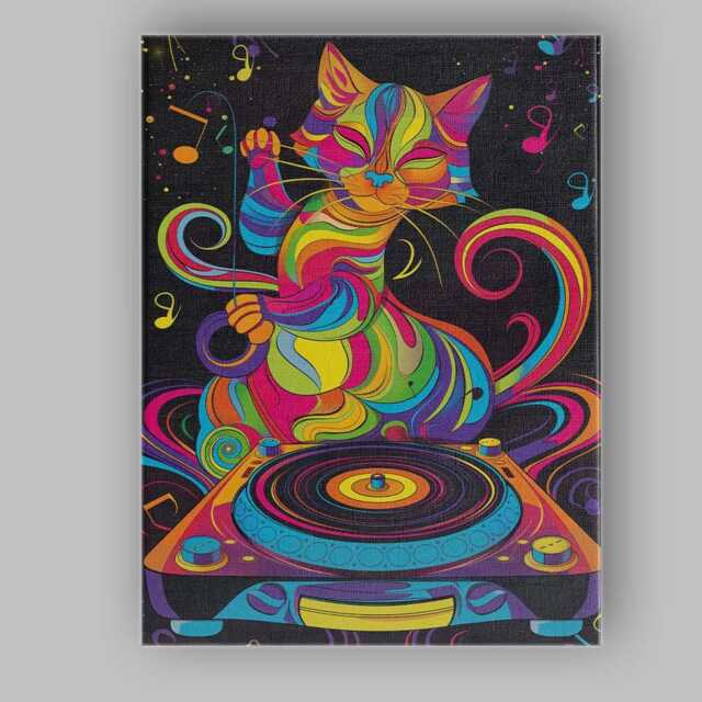 Rainbow Psychedelic Dj Cat Music Illustration Canvas Wall Art Print Decor Picture Ready To Hang - image 1