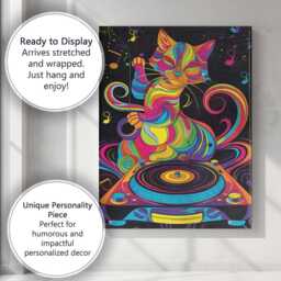 Rainbow Psychedelic Dj Cat Music Illustration Canvas Wall Art Print Decor Picture Ready To Hang - thumbnail 3