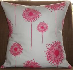 New 18x18 Inch Designer Handmade Pillow Case With Dandelion Blooms in Pink On A Fresh White - thumbnail 1