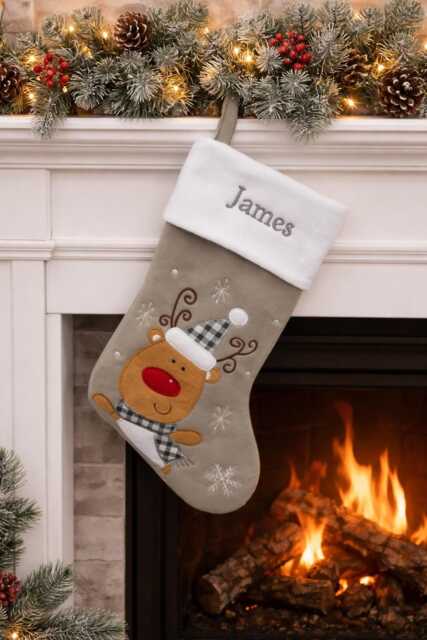 Personalised Silver Reindeer Deluxe Christmas Stocking, Personalized Gift, Personalised Grey Stocking - image 1