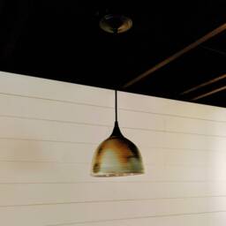 Handmade Rustic Modern Industrial Lighting Pendant - Unique Variated Wood Fired Ceramic Shade Copper Patina - thumbnail 3
