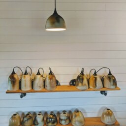 Handmade Rustic Modern Industrial Lighting Pendant - Unique Variated Wood Fired Ceramic Shade Copper Patina - thumbnail 4