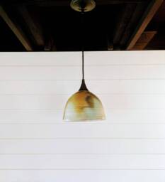 Handmade Rustic Modern Industrial Lighting Pendant - Unique Variated Wood Fired Ceramic Shade Copper Patina