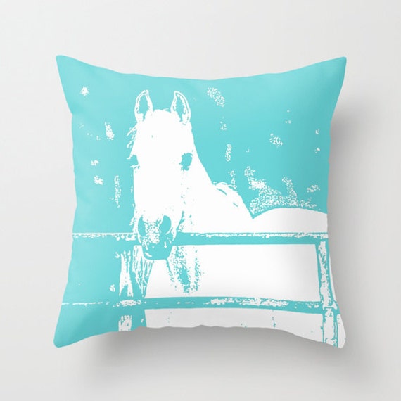 White Horse Turquoise, Pillow Or Cover Home Decor, Rustic, Farm White, Animal Cover, Kids Western Design - image 1