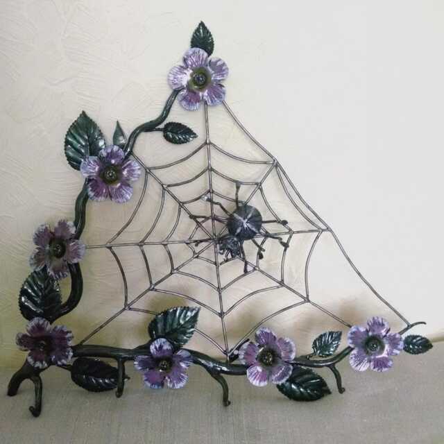 Forged Iron Wall Key Holder, Spider Web With Violet Flowers - image 1