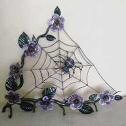 Forged Iron Wall Key Holder, Spider Web With Violet Flowers - thumbnail 1