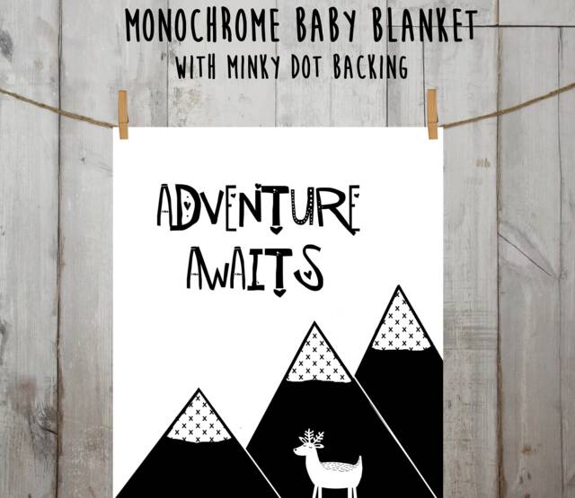 Monochrome Neutral Baby Blanket - Scandinavian Style in Black White With Deer Mountains - image 1