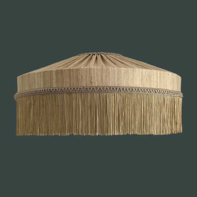 Handmade Raw Silk Lampshade With Long Fringe Beige Neutral Pendant Shade - image 1
