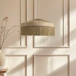 Handmade Raw Silk Lampshade With Long Fringe Beige Neutral Pendant Shade - thumbnail 2