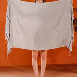 Hand-Woven Organic Cotton Beach Towel Grey With Blue Stripes - thumbnail 3