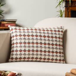 Argyle Boucle Boudoir Cushion Cover in Burnt Orange & Grey. Modern Geometric Diamond Pattern. Cosy & Tactile Design. 17x12