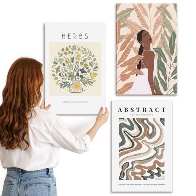 Canvas Set Of 3 - Boho Aesthetic Pastel Minimalist Posters, Beige Wall Art Canvas, Plants & Flowers Hanging Piece - image 1