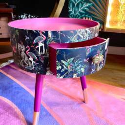 Round Bedside Table, Hot Pink & Navy, Fun Bright Home Decor. Pink Nightstand Or Side Table. Bedside Table With Drawer - thumbnail 3