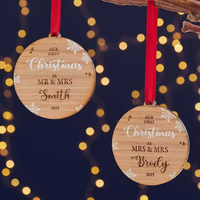 First Christmas Married Couple Wooden Tree Decoration - Stocking Filler Decoration For Couple Newly Wed - image 1