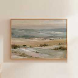 Earthy Landscape Poster, Sage Hills Wall Art, Neutral Field Painting - thumbnail 1