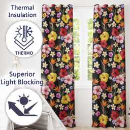 Tropical Hibiscus Bird Of Paradise Floral Seamless Pattern Black Background Readymade Eyelet Ring Top Thermal 100% Blackout Curtains - thumbnail 3