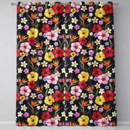 Tropical Hibiscus Bird Of Paradise Floral Seamless Pattern Black Background Readymade Eyelet Ring Top Thermal 100% Blackout Curtains - thumbnail 2
