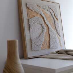 Handwoven Fiber Art Tapestry - Japandi Boho Wall Hanging, Natural Oak Frame - thumbnail 2