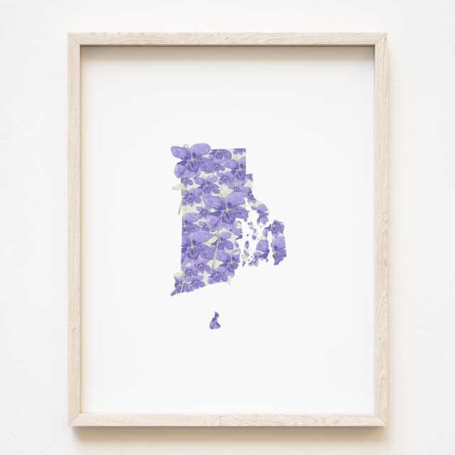 Rhode Island State Flower Map Watercolor Violet - Art Print Wall Grad Wedding Anniversary Realtor Moving Gift New England Northeast - image 1