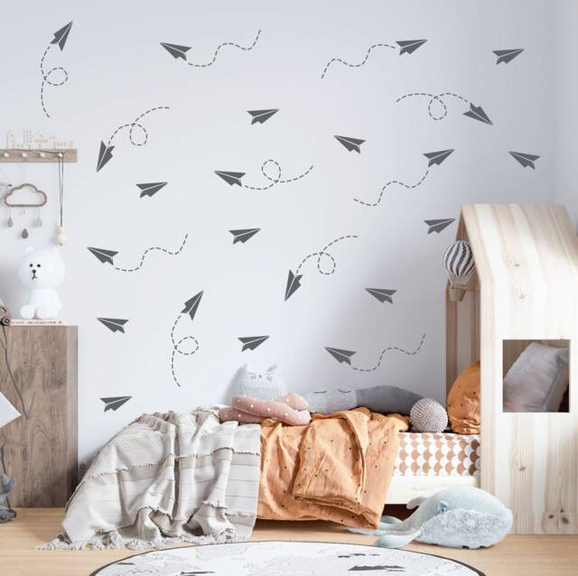 Paper Airplane Wall Vinyl Decal, Kids Travel For Nursery Sticker, Boys Aviation Themed Room Decor, Easy Removable Plane Art Childs Bedroom - image 1