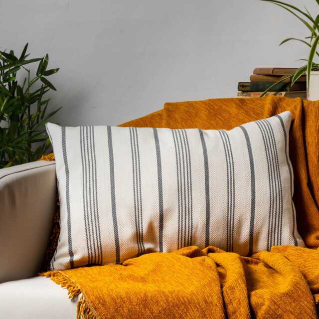 Mykonos Striped Xl Rectangular Cushion. Nautical Stripes in Charcoal Grey & White. Beachut, Yacht & Seaside Home Accessory. 23X15