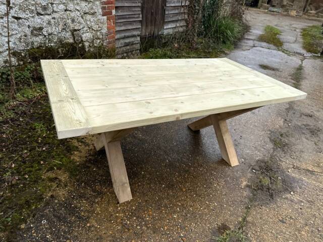 Garden Outdoor Patio Farmhouse Dining Table X Leg Or H - Treated With Breadboard End - image 1