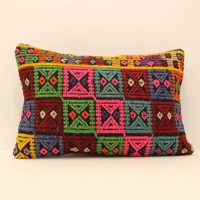 Vintage Turkish Kilim Lumbar Pillow Cover, Wool Accent - 16x24 Inch - image 1