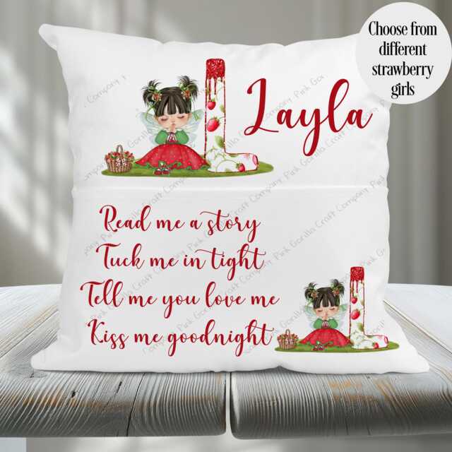 Personalised Cushion, Pocket Child Pillow, Book Holder, Pillow For Child, Sleep Aid, Strawberry Fairy - image 1
