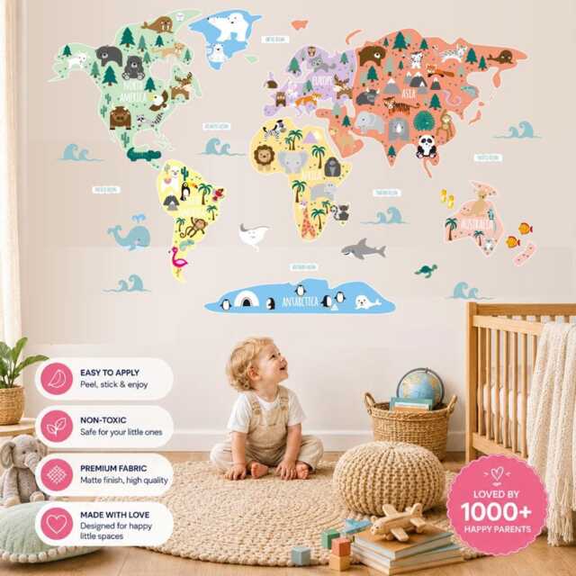World Map Wall Decals Educational Nursery Decor, Jungle & Woodland Animals - image 1