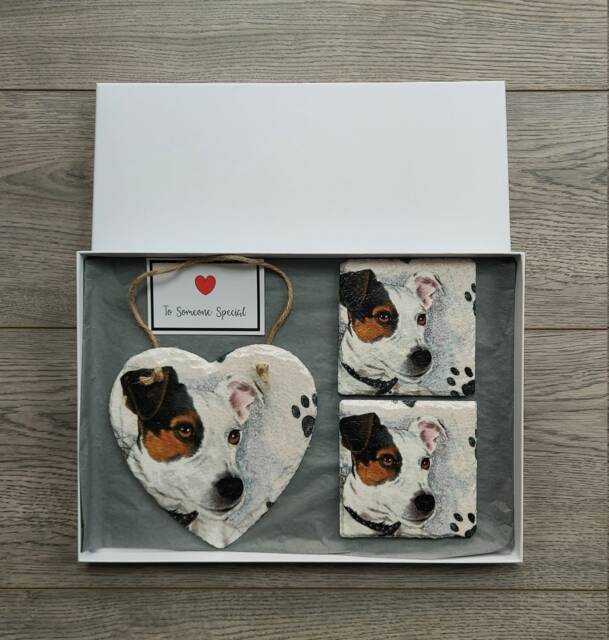 Jack Russell Slate Heart Wall Hanging & Coaster Set - image 1