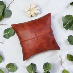 Rustic Terracotta Vegan Leather Pillow Cover Decorative Stitch Lumbar - thumbnail 1