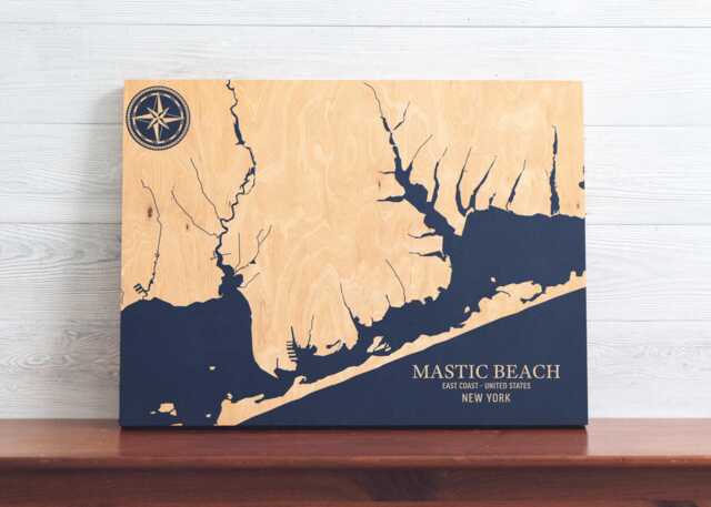 Mastic Beach, New York Map - Engraved Wood Coastal Chart Wall Art Sign, Beach Home Decor Nautical Print, Unique Personalized Family Gift - image 1