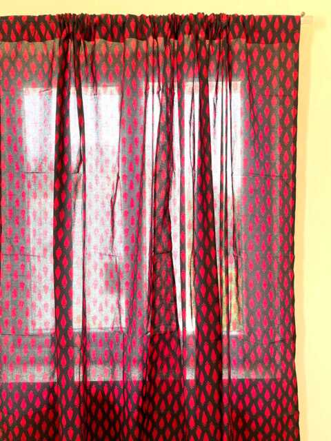 Hand Block Printed Cotton Curtain Panels, Red & Black, Set Of 2 - image 1