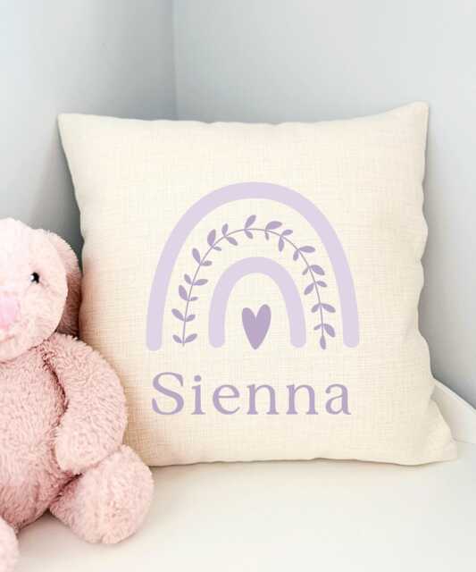 Girls Nursery Pillow, Lilac Rainbow Decor, Bedroom Personalised Cushion, Violet Accessories Baby Girl - image 1