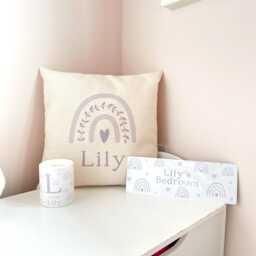 Girls Nursery Pillow, Lilac Rainbow Decor, Bedroom Personalised Cushion, Violet Accessories Baby Girl - thumbnail 2