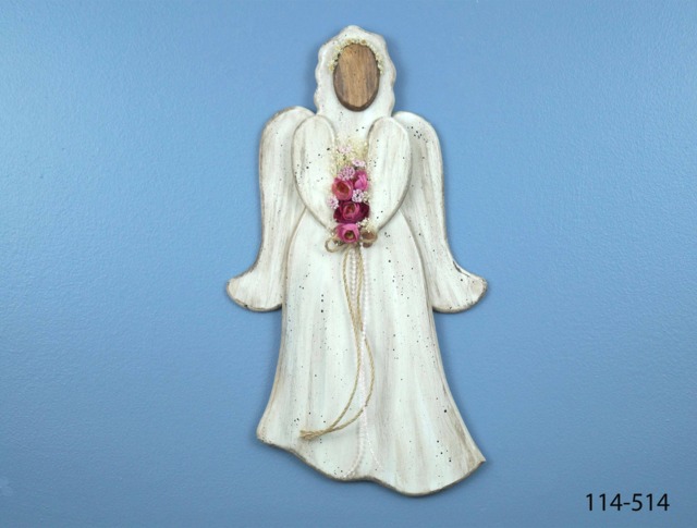 Country Wooden Angel, Distressed Wood Deep Pink Roses With Jute Ribbon Wall Hanging Rustic Angel - image 1