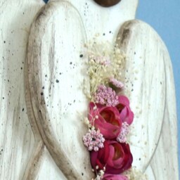 Country Wooden Angel, Distressed Wood Deep Pink Roses With Jute Ribbon Wall Hanging Rustic Angel - thumbnail 3