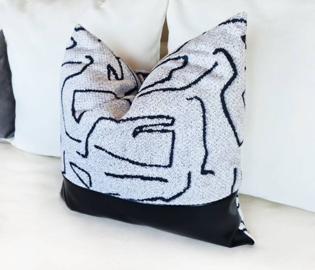 Black Vegan Leather Color Block Pillow Cover Abstract Velvet Accent - image 1