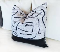 Black Vegan Leather Color Block Pillow Cover Abstract Velvet Accent - thumbnail 1