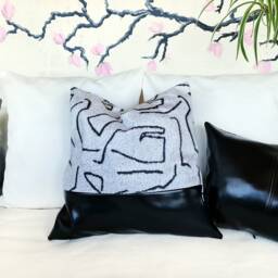 Black Vegan Leather Color Block Pillow Cover Abstract Velvet Accent - thumbnail 2