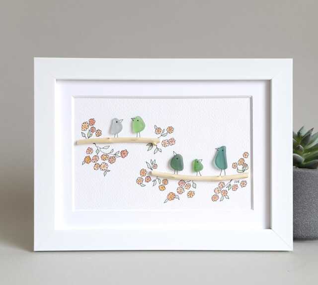 Sea Glass Art Family, Birds, Home, Sisters, Framed - image 1