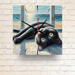 Black Cat Glass Wall Clock Square, Kintsugi Style Art, Coastal Home D??cor Gift - thumbnail 3