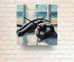 Black Cat Glass Wall Clock Square, Kintsugi Style Art, Coastal Home D??cor Gift - thumbnail 1