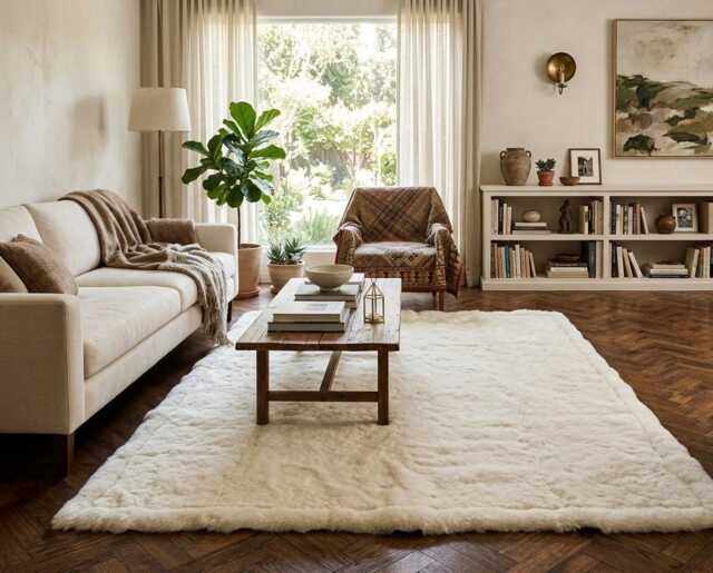 Baby Alpaca Fur Rug White Plain Design. Handmade in Peru - image 1