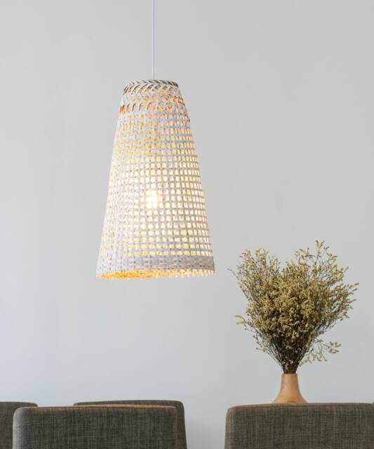 White Wood Pendant Light Handmade Lampshade - Plug Or Ceiling Canopy Fixture Woven Boho Rustic - image 1
