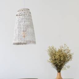 White Wood Pendant Light Handmade Lampshade - Plug Or Ceiling Canopy Fixture Woven Boho Rustic - thumbnail 3