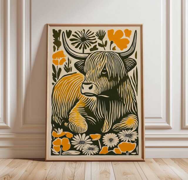 Highland Cow Linocut Poster, Botanical Wall Art, Yellow Wildflower Print, Rustic Farmhouse Animal Decor, Vintage Art Print - image 1