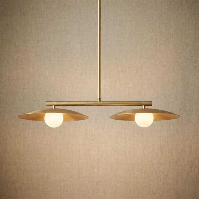 Modern Brass Linear Pendant Light - Mid Century Minimalist Chandelier Double Globe Kitchen Island Lighting - image 1